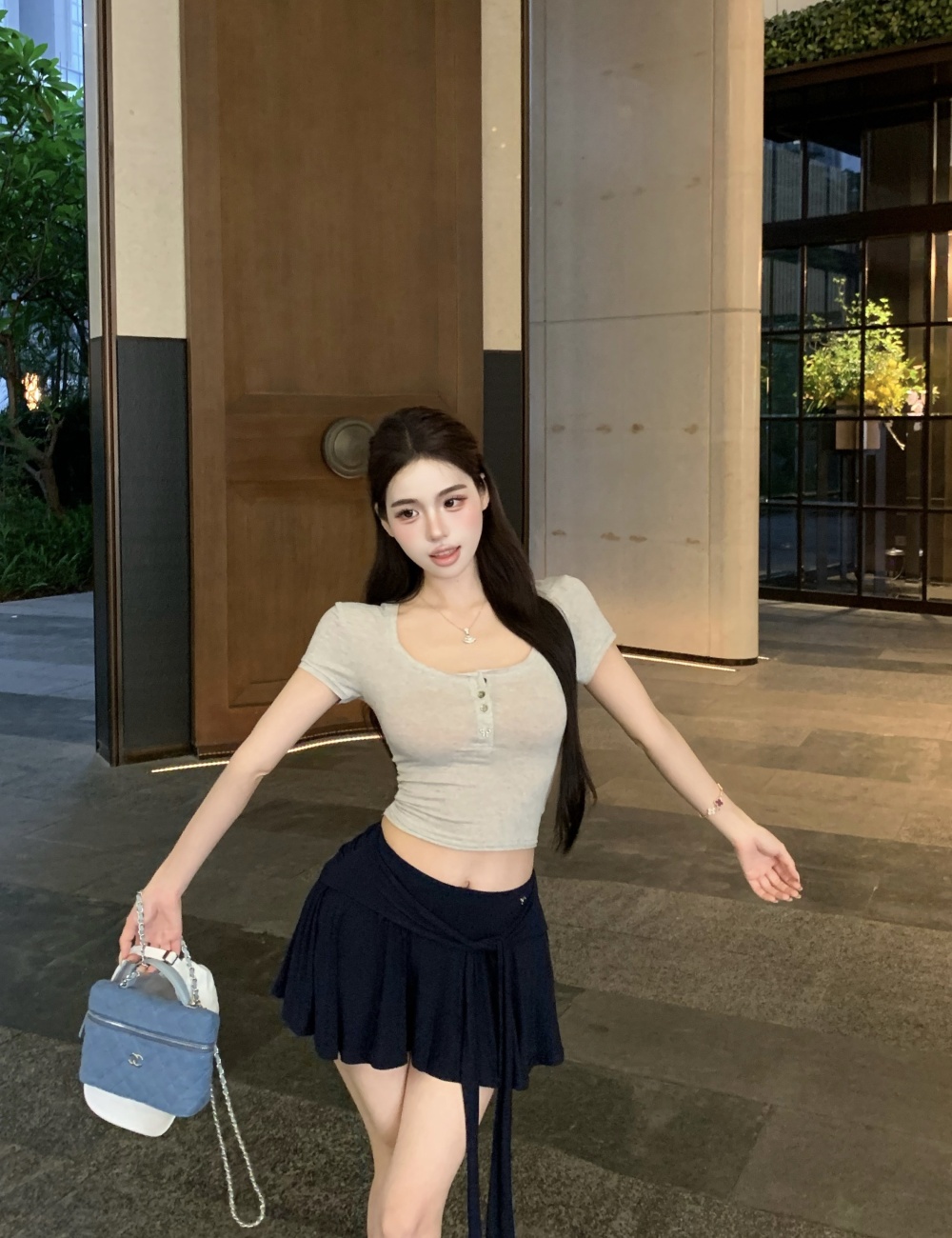 Pinched waist short sleeve tops U-neck culottes 2pcs set