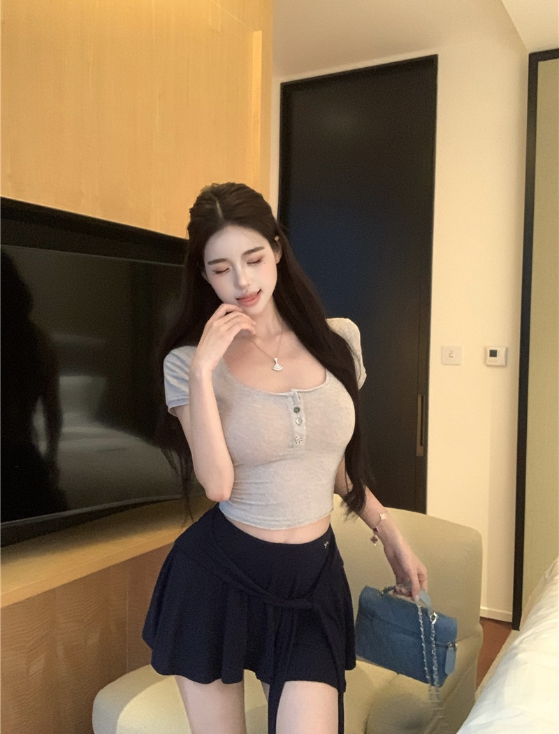 Pinched waist short sleeve tops U-neck culottes 2pcs set