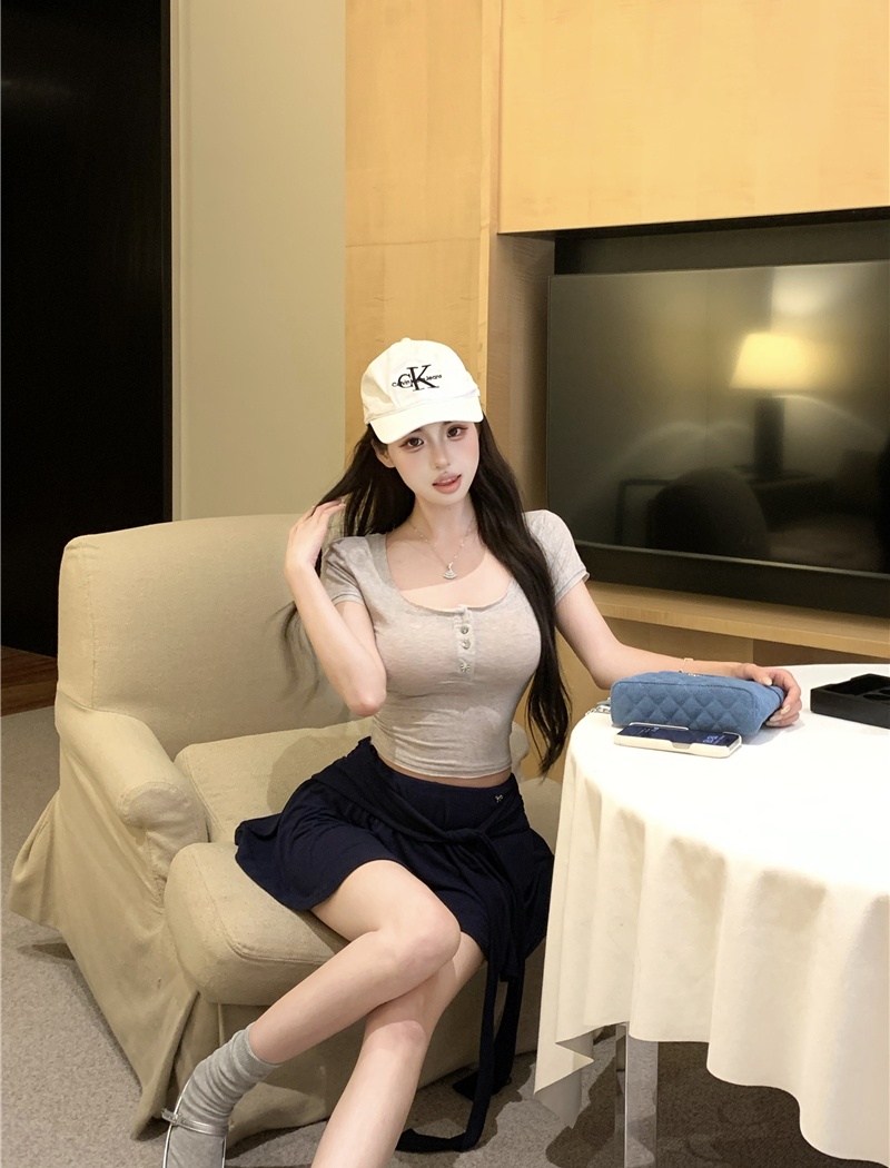 Pinched waist short sleeve tops U-neck culottes 2pcs set