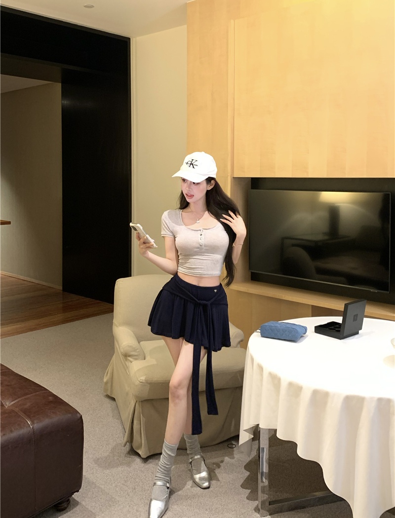 Pinched waist short sleeve tops U-neck culottes 2pcs set