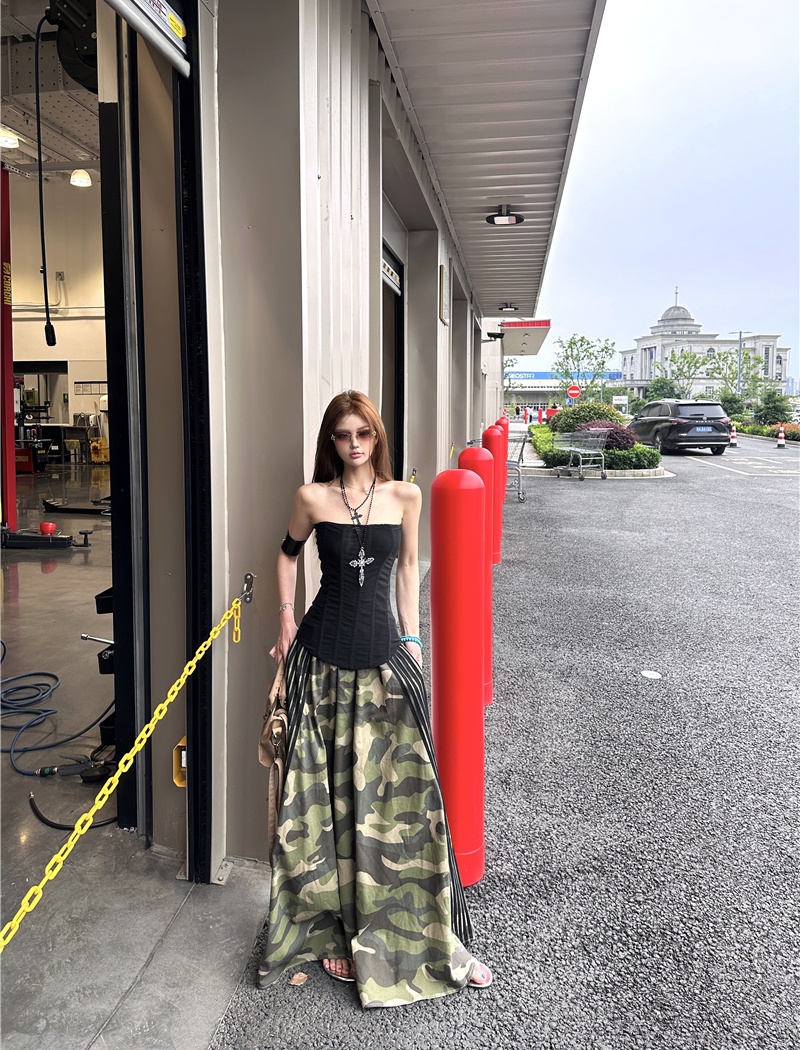 Slim tight tops retro splice long skirt a set for women
