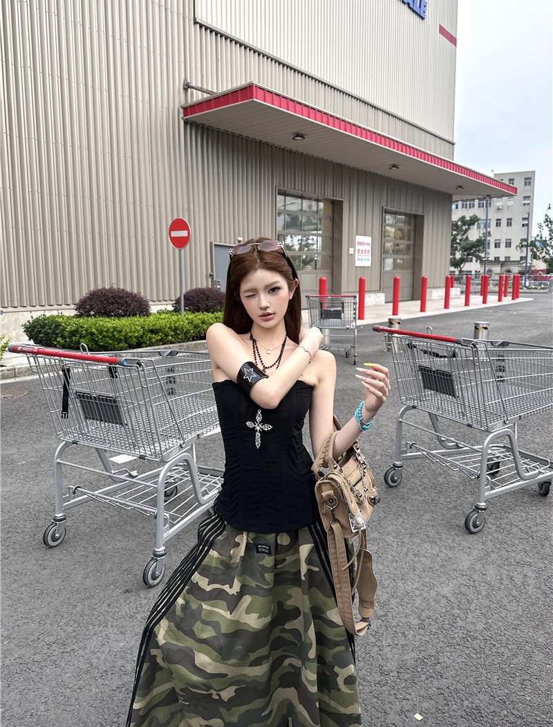 Slim tight tops retro splice long skirt a set for women