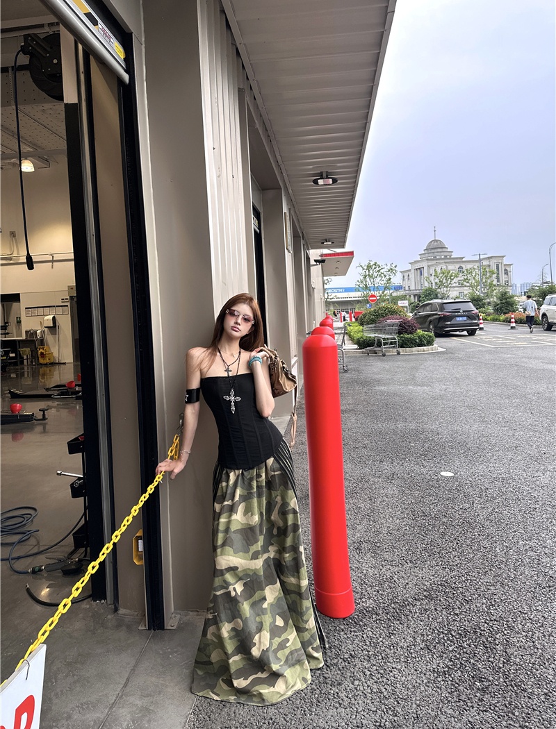 Slim tight tops retro splice long skirt a set for women