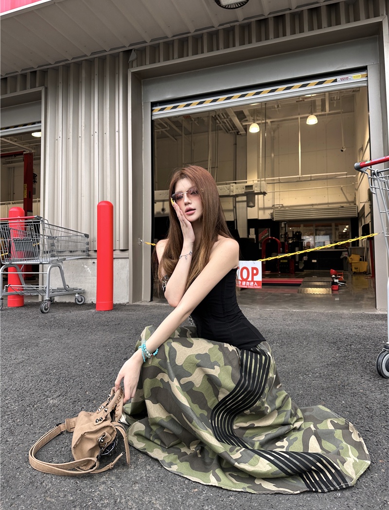 Slim tight tops retro splice long skirt a set for women