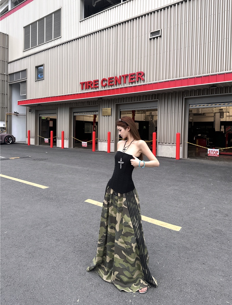 Slim tight tops retro splice long skirt a set for women