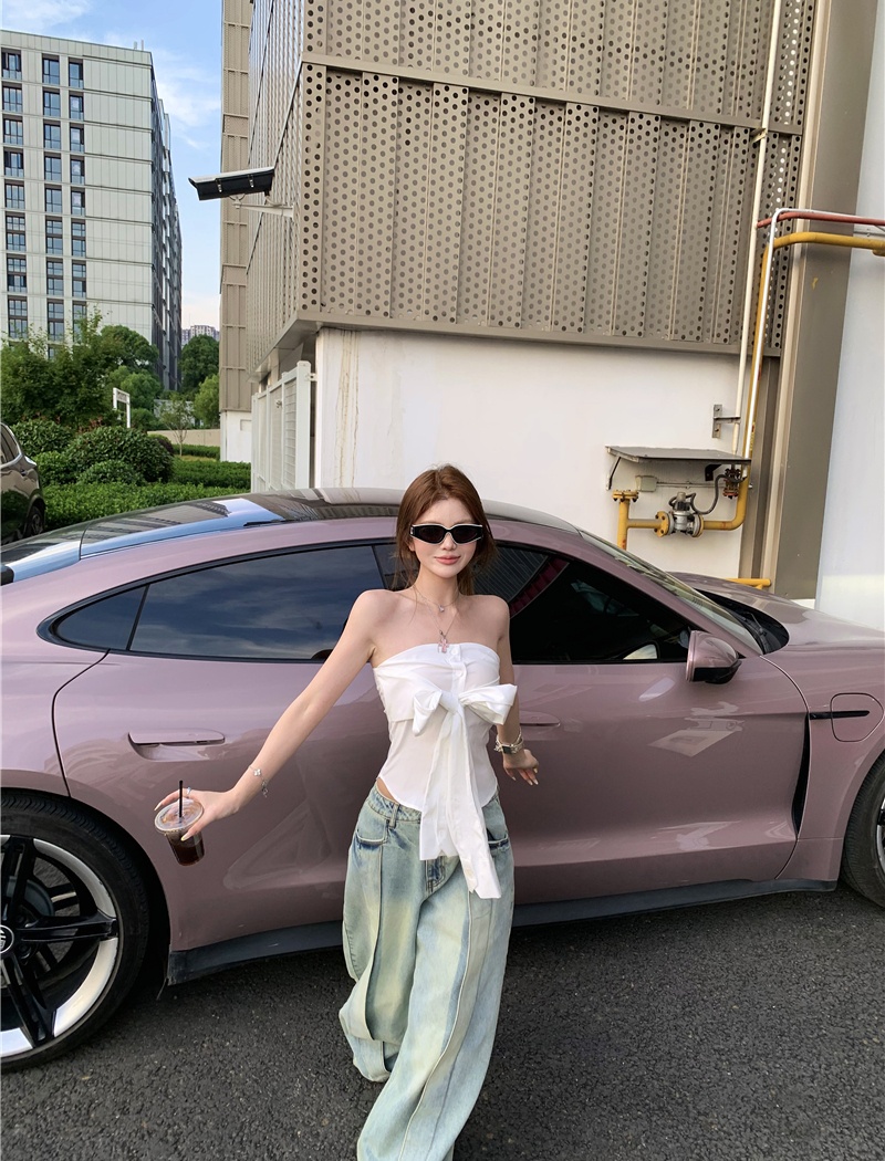 Wrapped chest tops washed shirt a set for women