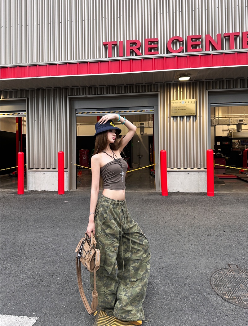 Camouflage American style work clothing wide leg jeans