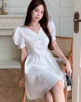 Romantic sweet personality puff sleeve crimp V-neck dress