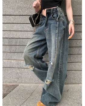 Retro washed long pants holes jeans