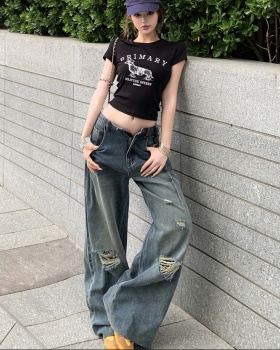 Printing retro short jeans holes short sleeve tops