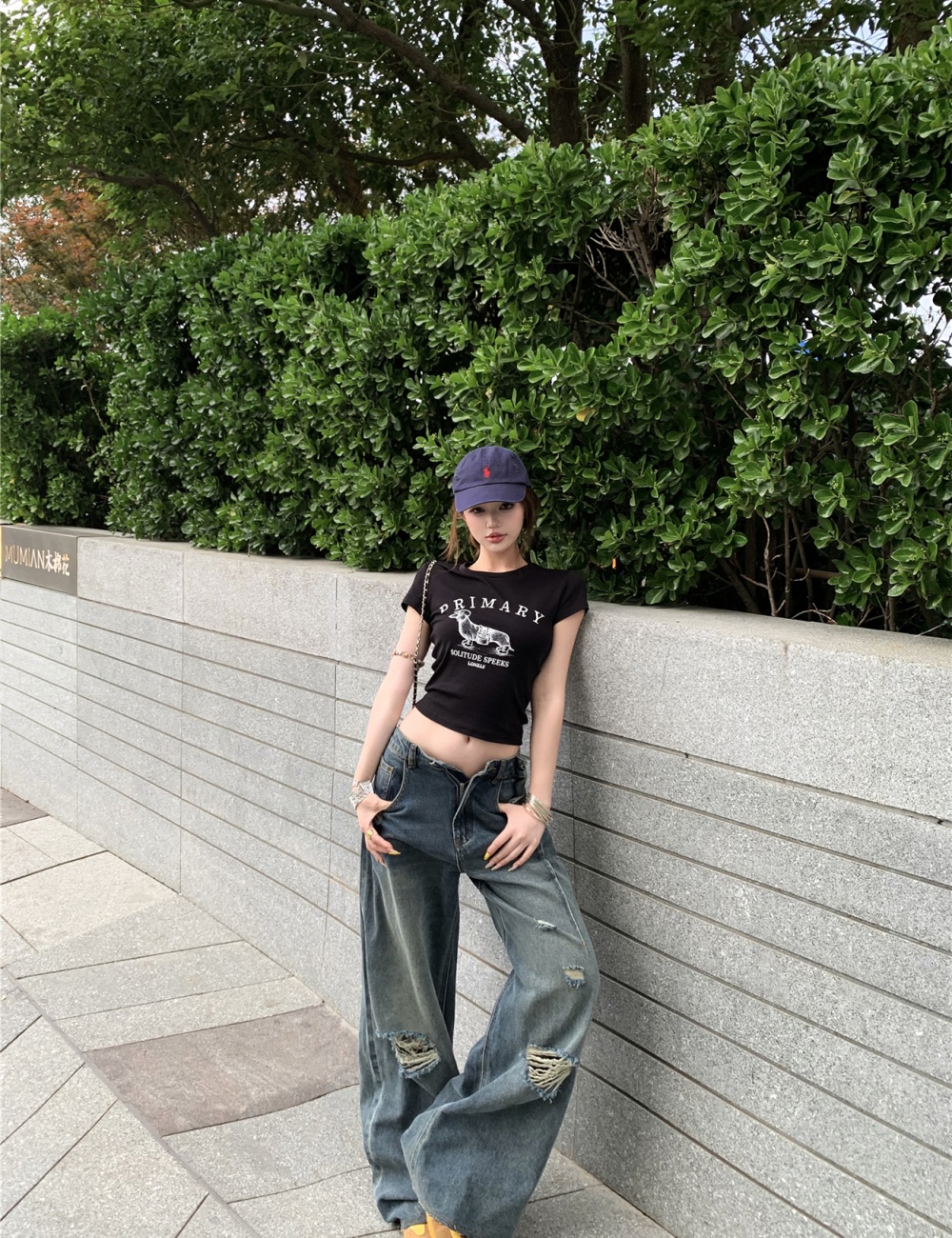 Printing retro short jeans holes short sleeve tops
