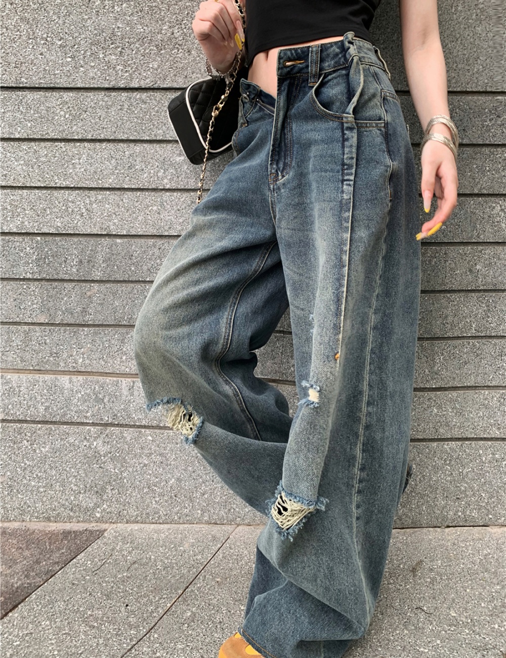 Printing retro short jeans holes short sleeve tops