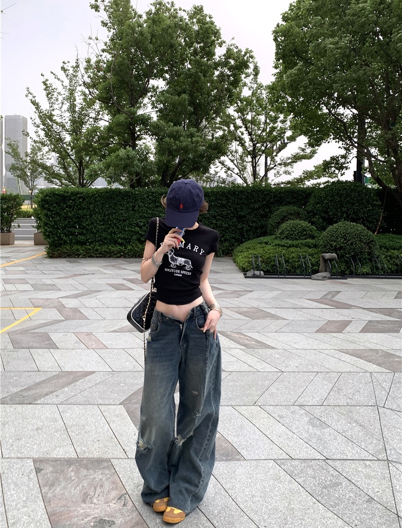 Printing retro short jeans holes short sleeve tops