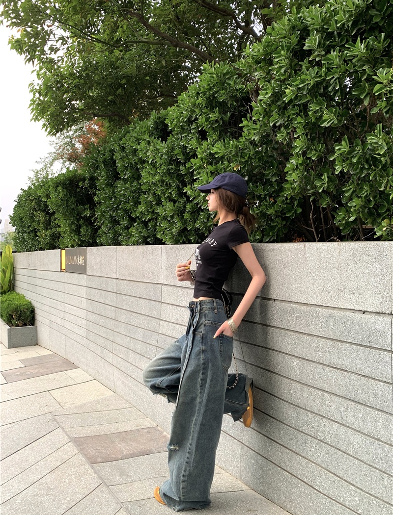 Printing retro short jeans holes short sleeve tops