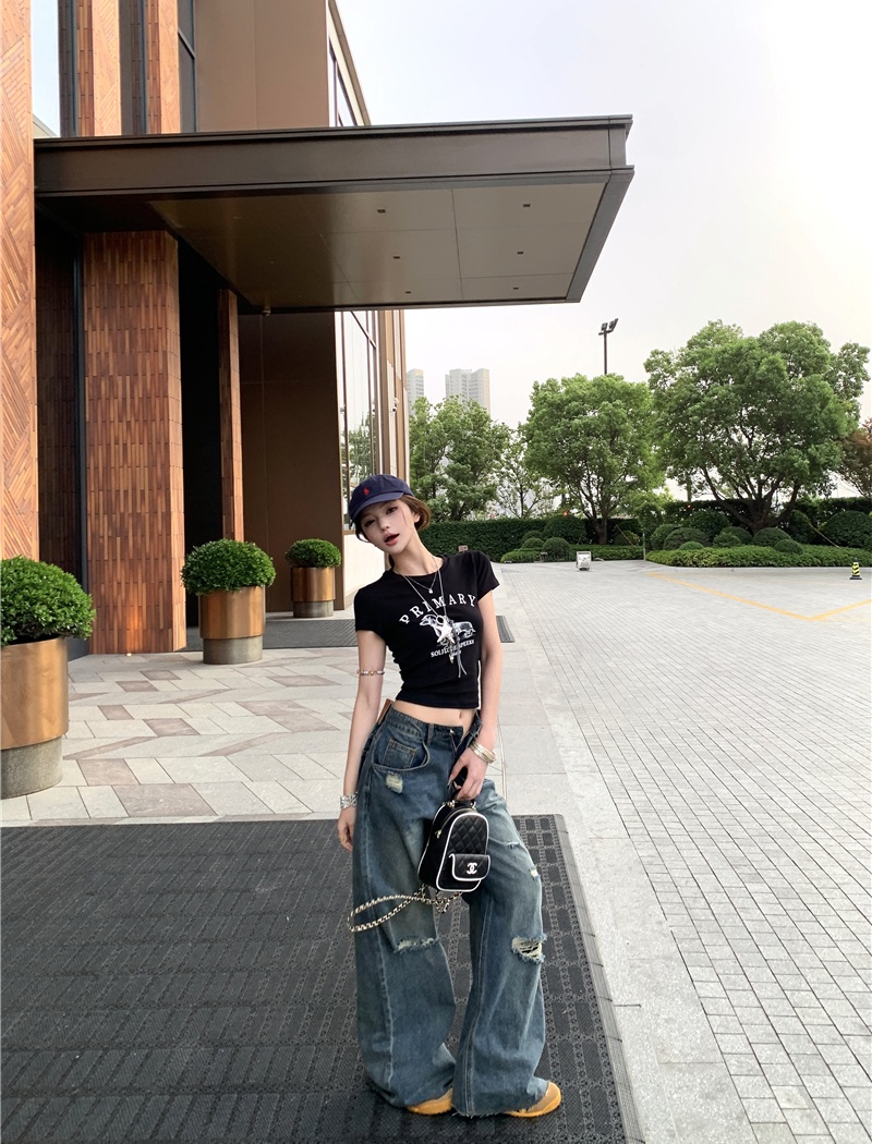Printing retro short jeans holes short sleeve tops