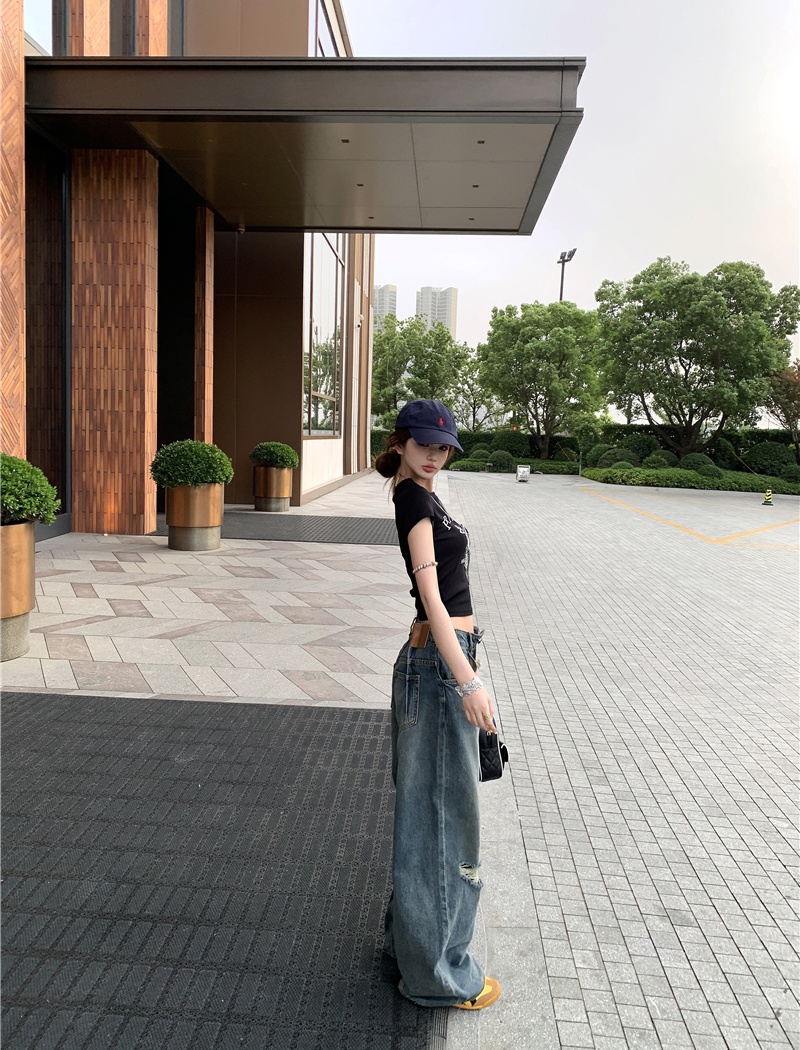 Printing retro short jeans holes short sleeve tops