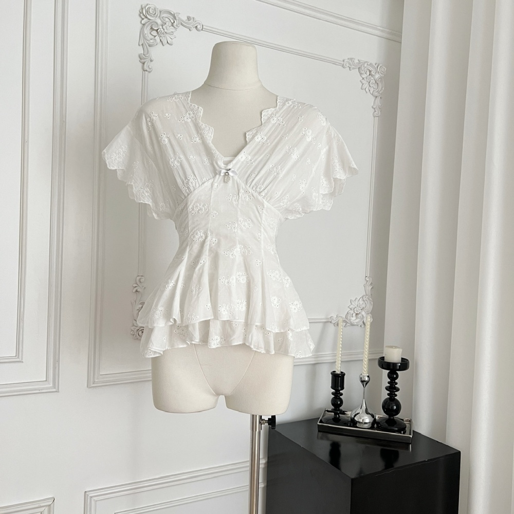 Embroidery V-neck tops summer short sleeve shirt
