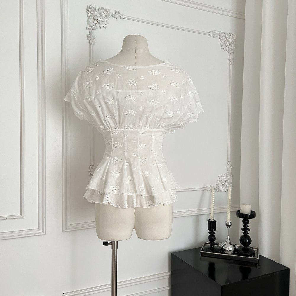 Embroidery V-neck tops summer short sleeve shirt