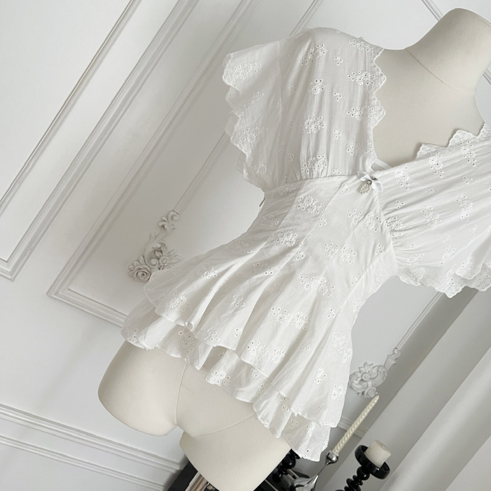 Embroidery V-neck tops summer short sleeve shirt