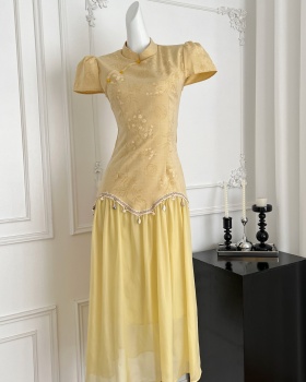 Splice yellow printing cheongsam Chinese style summer dress