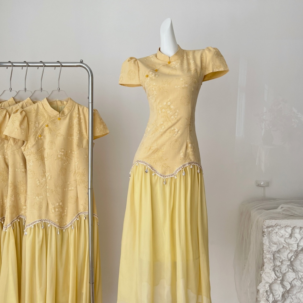 Splice yellow printing cheongsam Chinese style summer dress