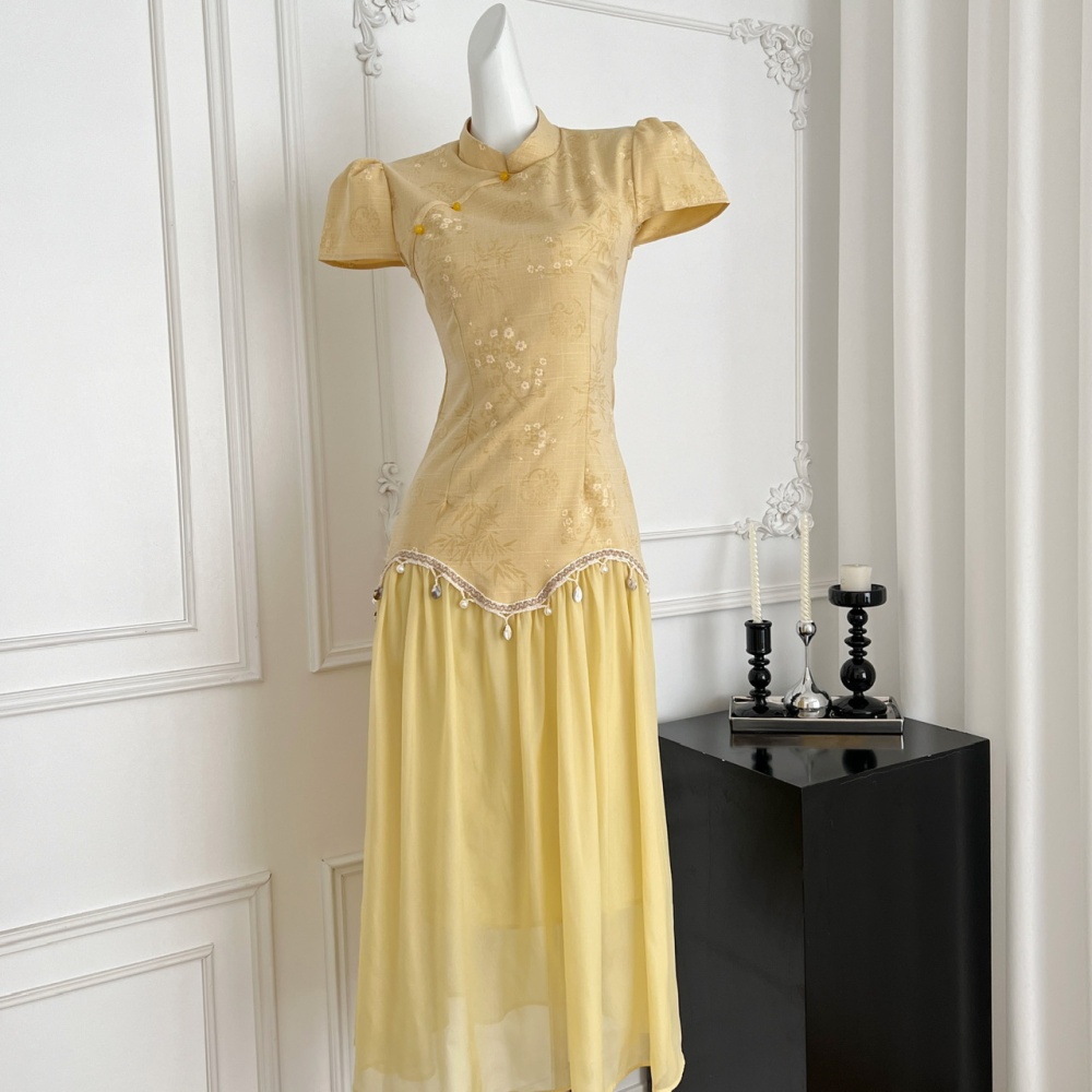 Splice yellow printing cheongsam Chinese style summer dress