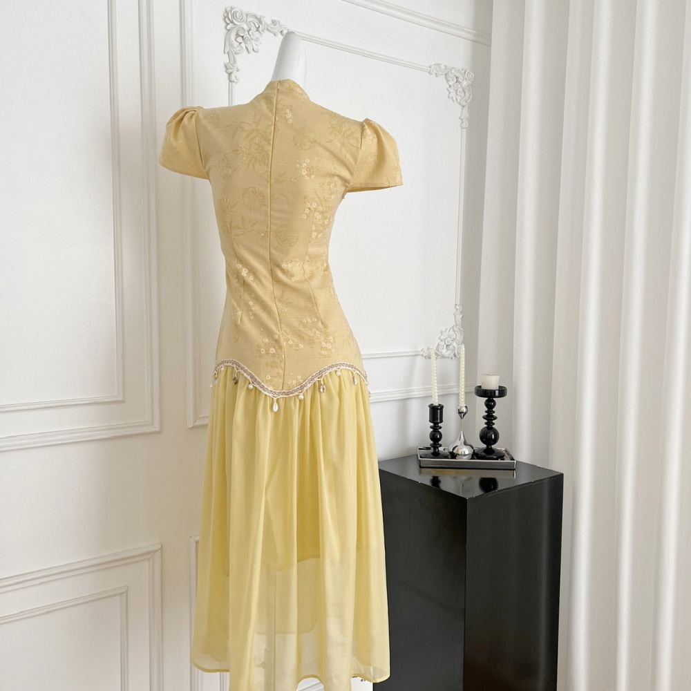 Splice yellow printing cheongsam Chinese style summer dress
