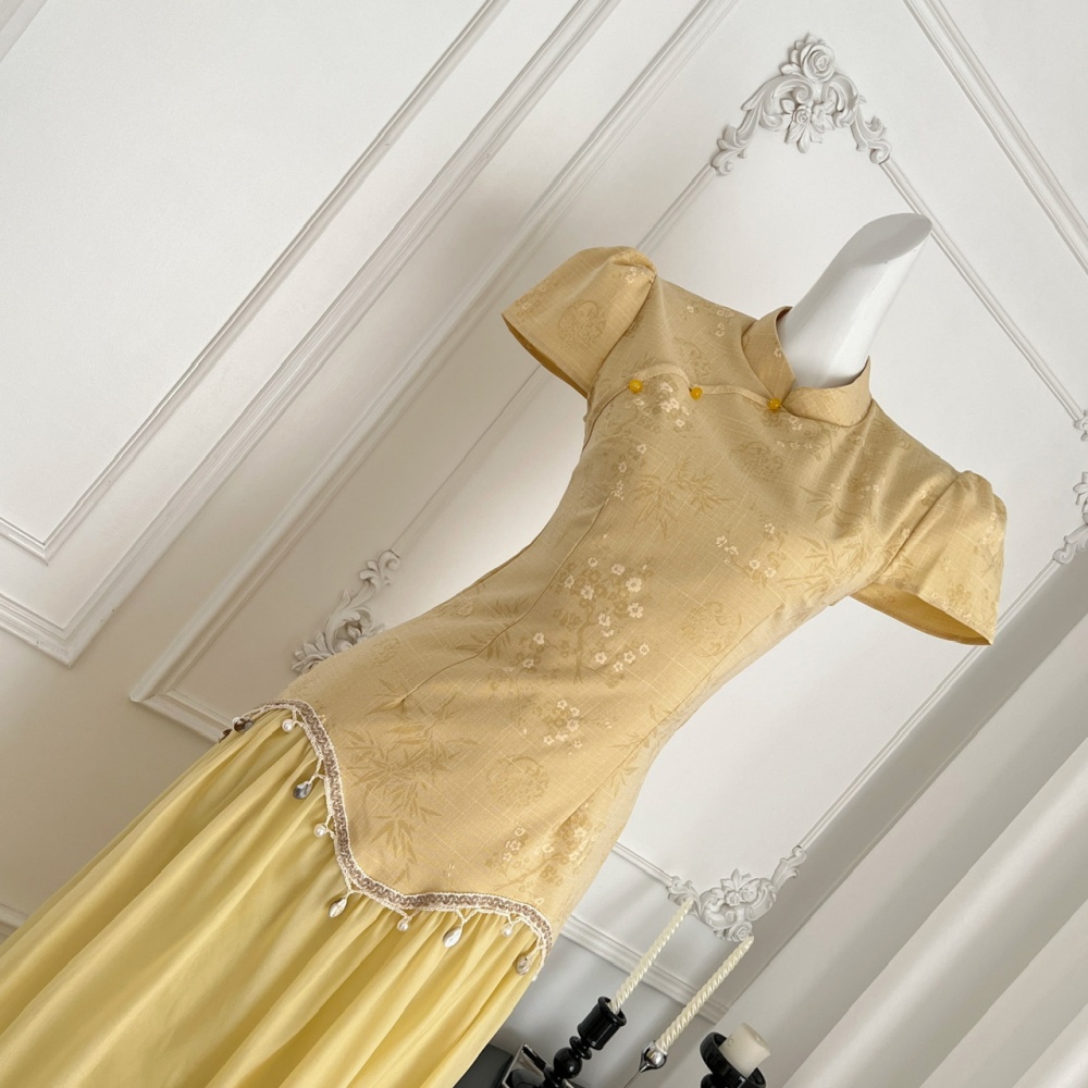 Splice yellow printing cheongsam Chinese style summer dress