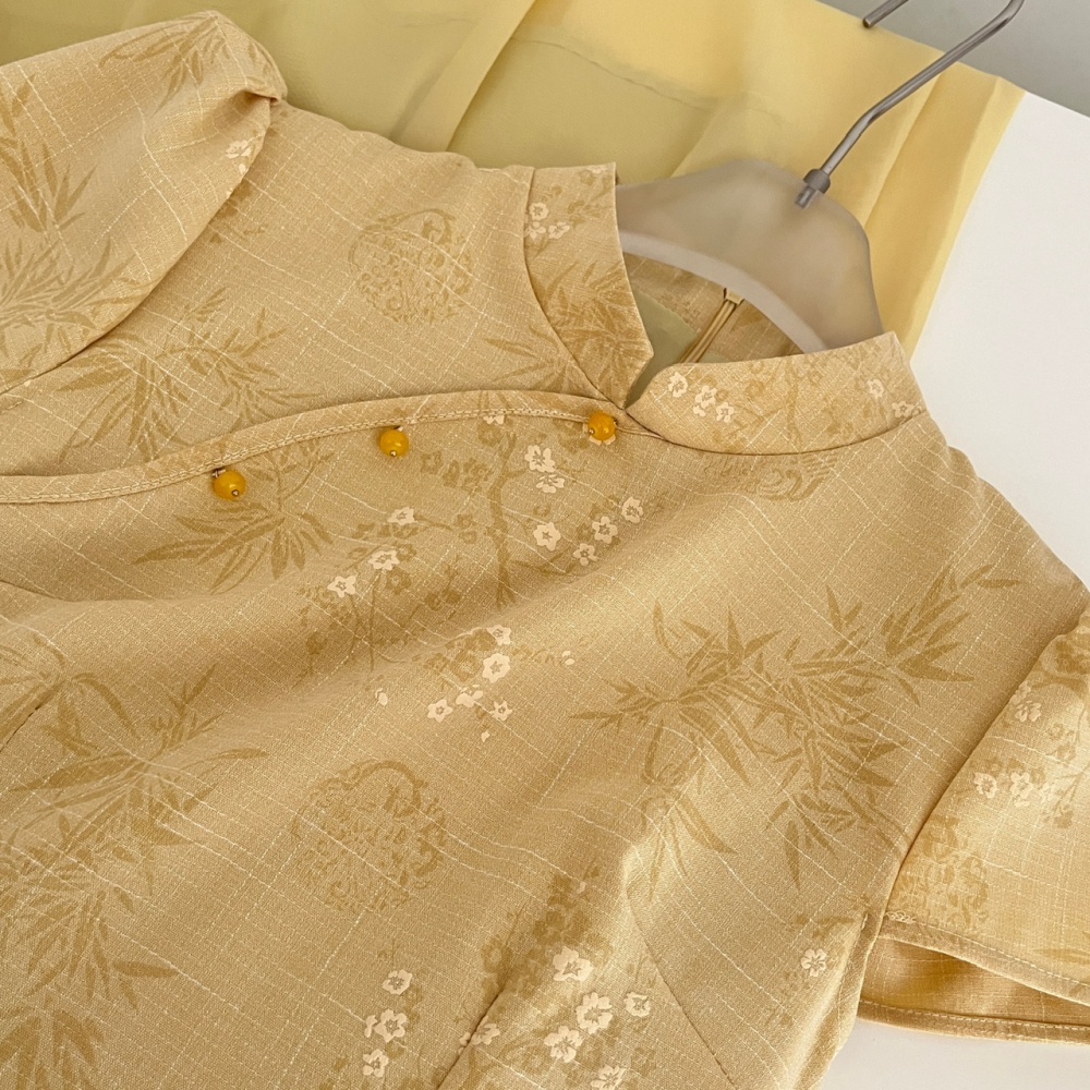 Splice yellow printing cheongsam Chinese style summer dress