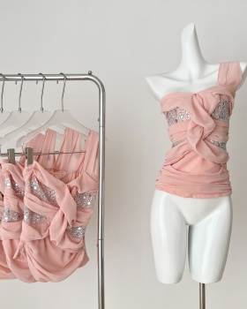 Rhinestone shoulder inside the ride summer tops for women