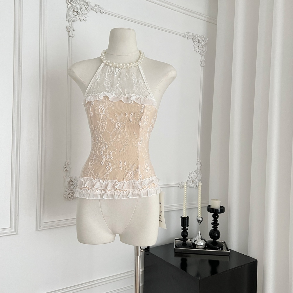 Pearl enticement lace tops halter lotus leaf edges shirts