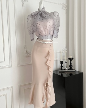 Bow lantern sleeve irregular shirt gauze polka dot short skirt