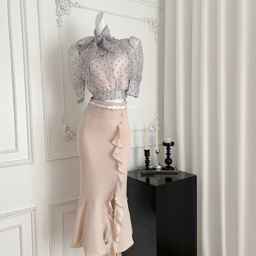 Bow lantern sleeve irregular shirt gauze polka dot short skirt