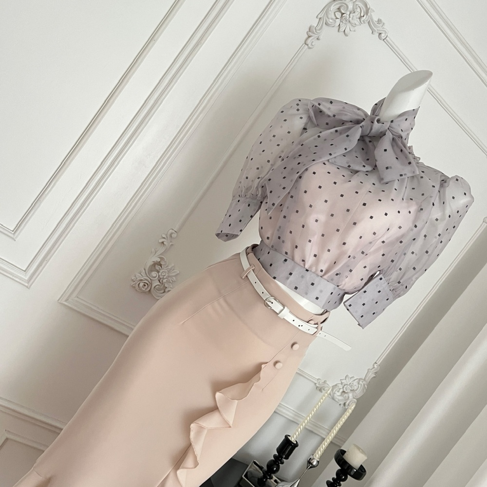 Bow lantern sleeve irregular shirt gauze polka dot short skirt