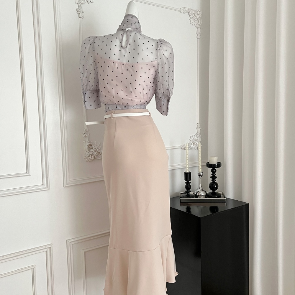 Bow lantern sleeve irregular shirt gauze polka dot short skirt
