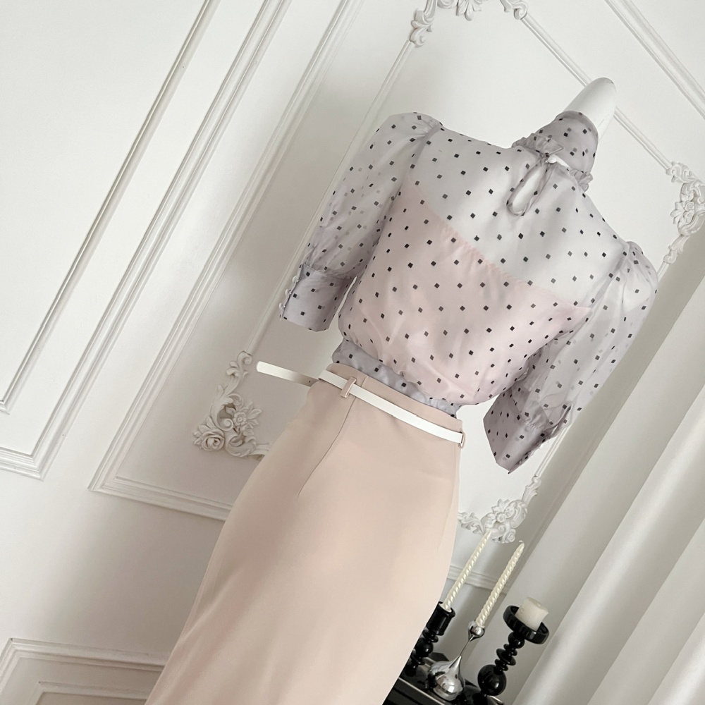 Bow lantern sleeve irregular shirt gauze polka dot short skirt