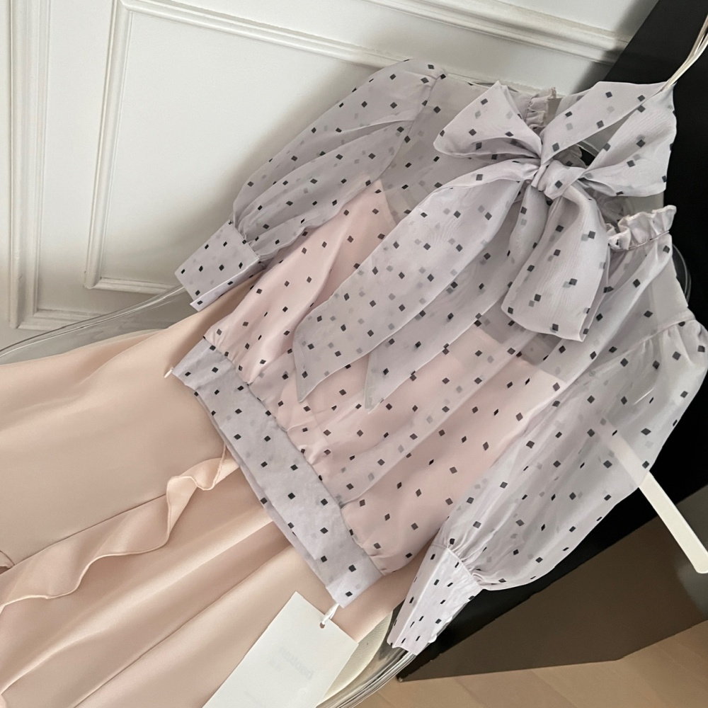 Bow lantern sleeve irregular shirt gauze polka dot short skirt