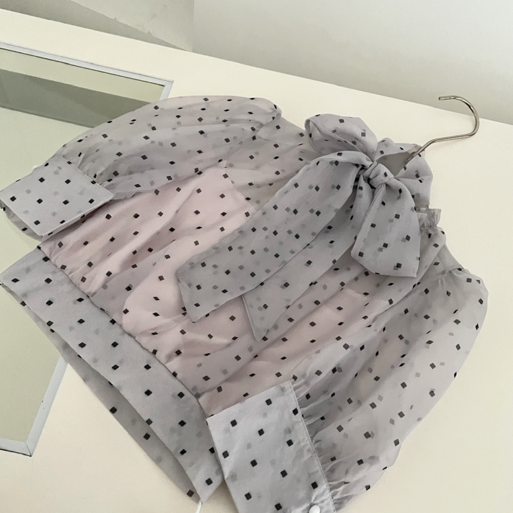 Bow lantern sleeve irregular shirt gauze polka dot short skirt