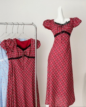 Retro lace puff sleeve long dress plaid summer dress