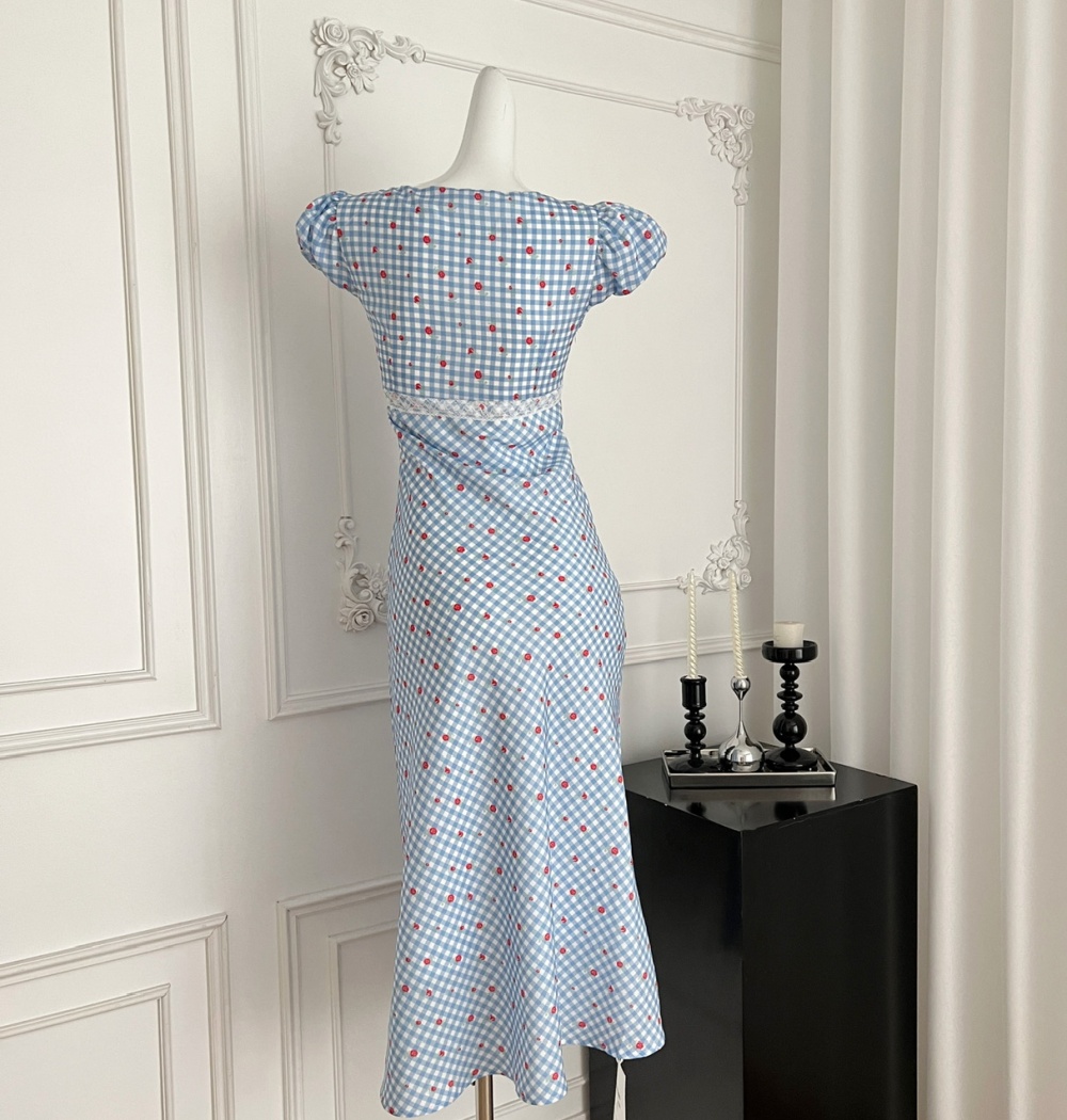 Retro lace puff sleeve long dress plaid summer dress