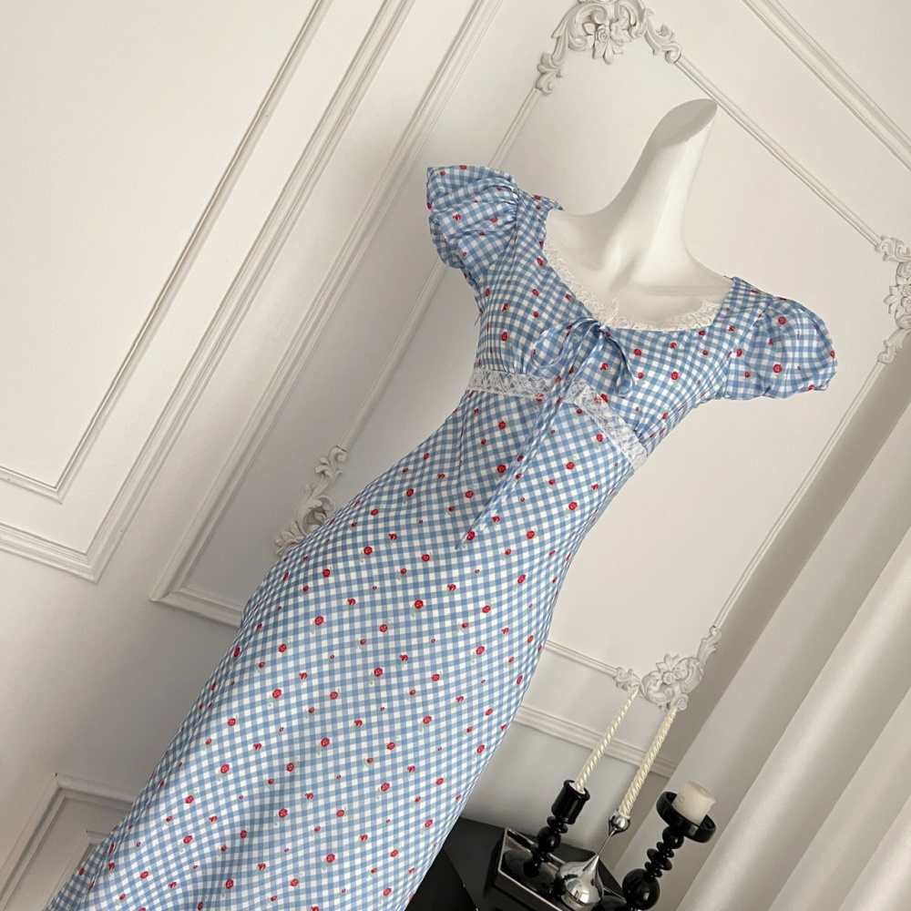 Retro lace puff sleeve long dress plaid summer dress