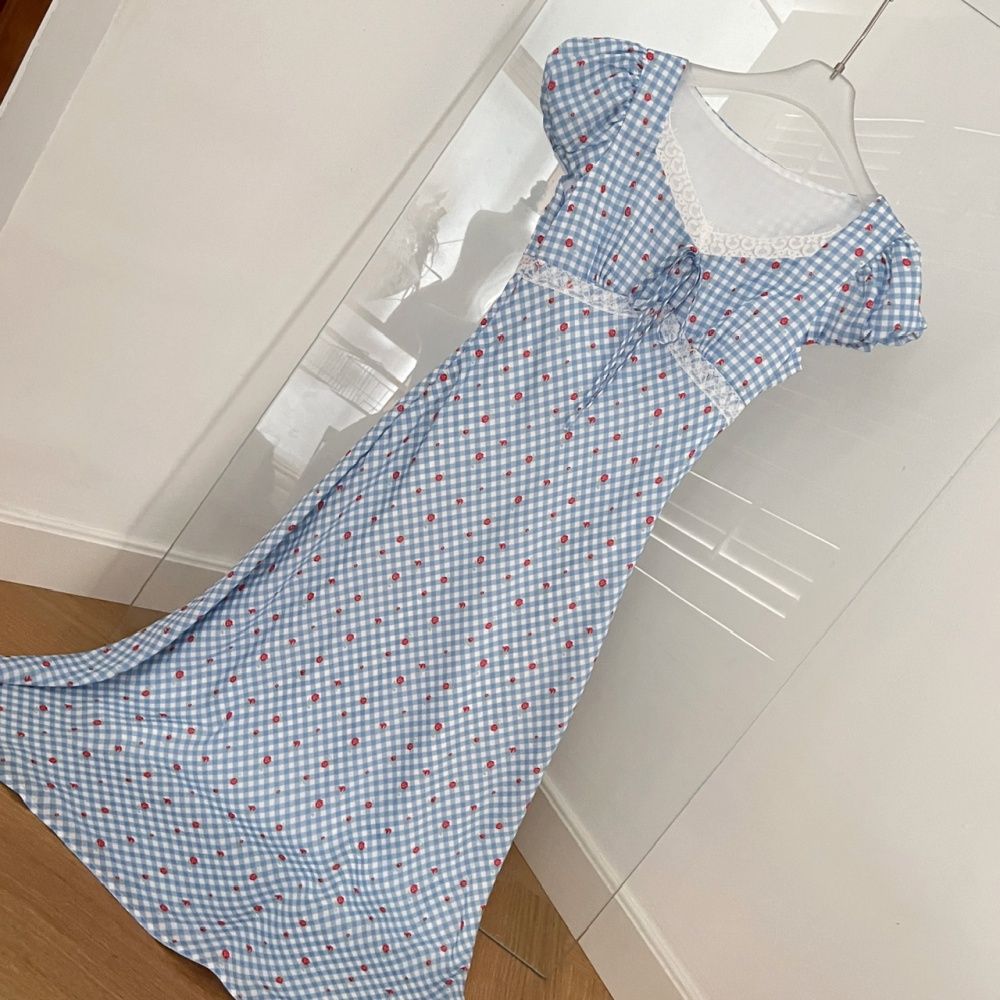 Retro lace puff sleeve long dress plaid summer dress