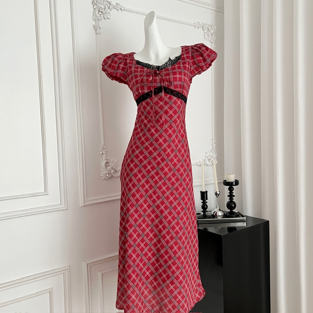 Retro lace puff sleeve long dress plaid summer dress