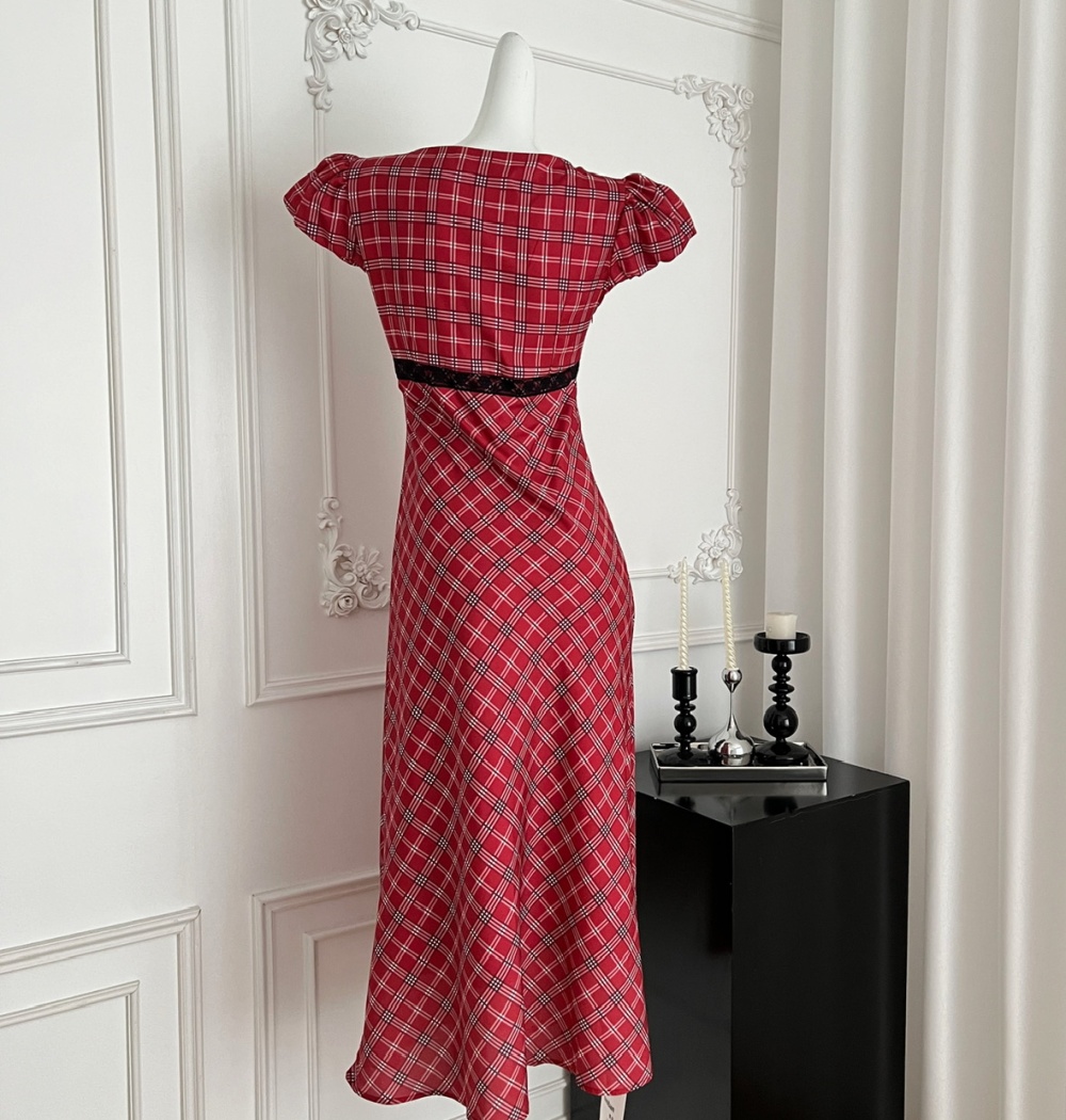 Retro lace puff sleeve long dress plaid summer dress