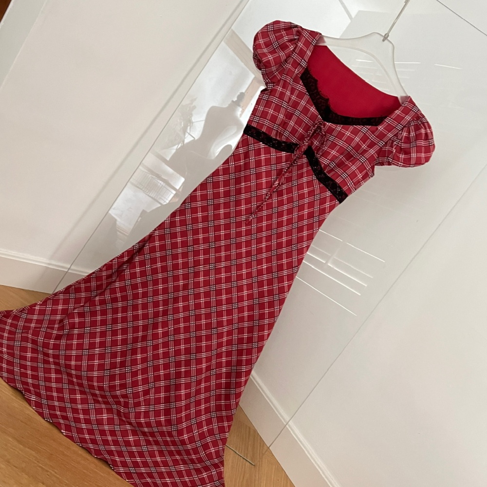 Retro lace puff sleeve long dress plaid summer dress