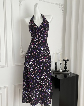 Halter printing V-neck purple France style retro dress