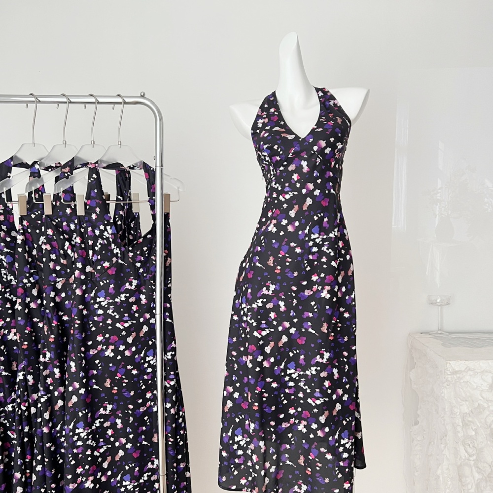Halter printing V-neck purple France style retro dress