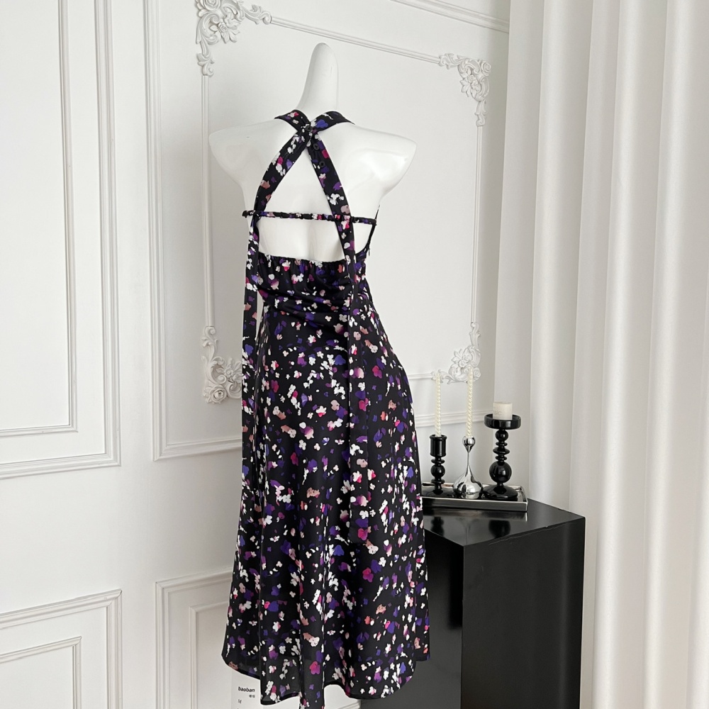 Halter printing V-neck purple France style retro dress