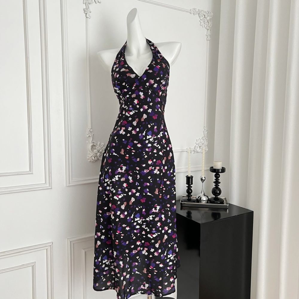 Halter printing V-neck purple France style retro dress