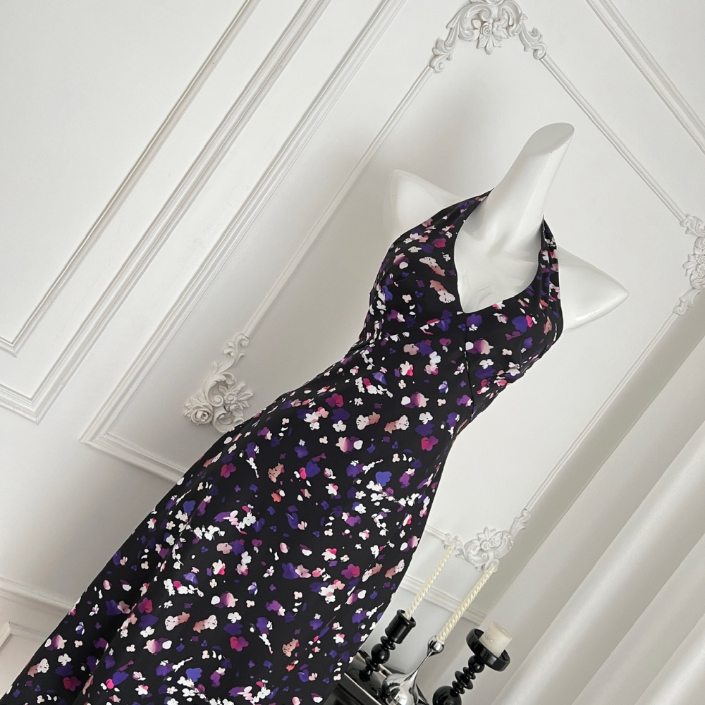 Halter printing V-neck purple France style retro dress